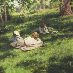 „Three reading women in a summer landscape (Tre läsande kvinnor i sommarlandskap)“, Johan Krouthén (1858–1932)