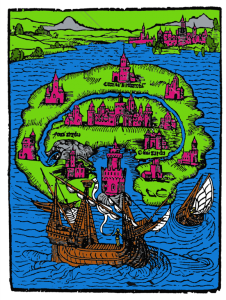 Nachträglich eingefärbter Titelholzschnitt aus Thomas Morus' Roman "Utopia" (Wikimedia Commons)