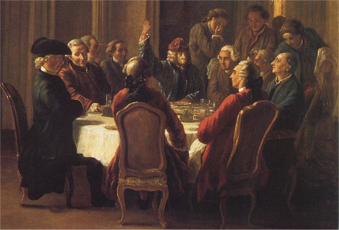 Tafelrunde Voltaires in Ferney ("Un dîner de philosophes" von Jean Huber, um 1772, Wikipedia)