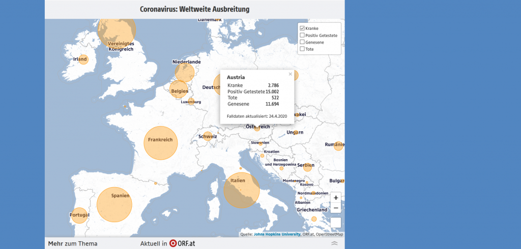 Interaktive Karte auf orf.at zur weltweiten Ausbreitung des Coronavirus (Screenshot vom 24.04.2020)