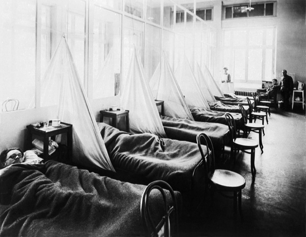 "U.S. Army Camp Hospital No. 45, Aix-Les-Bains, France, Influenza Ward No. 1. Influenza pandemic ward during World War I. Circa 1918." (Bild: U.S. Army Medical Corps photo via National Museum of Health & Medicine website, Wikipedia)